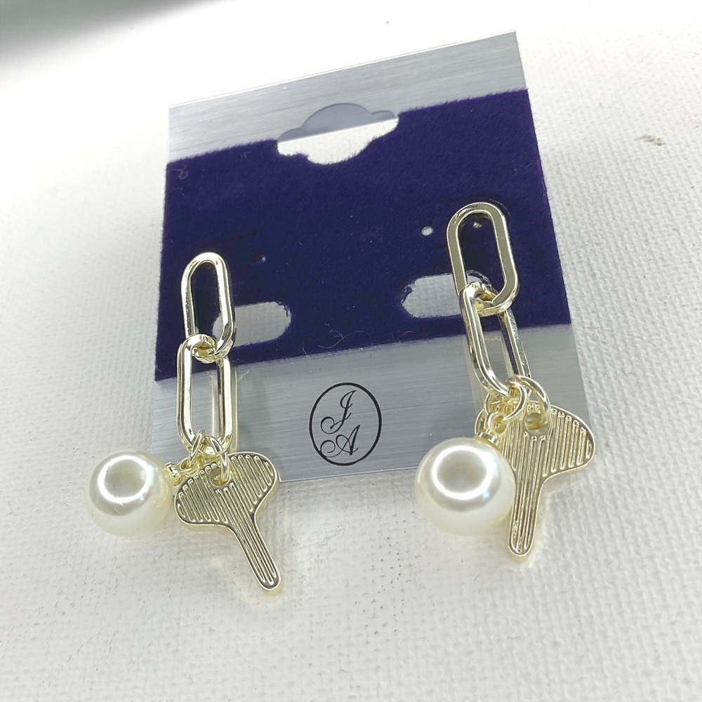 Earrings Gold Pearl Key Charm Link Drop Post Back Modern Classic New